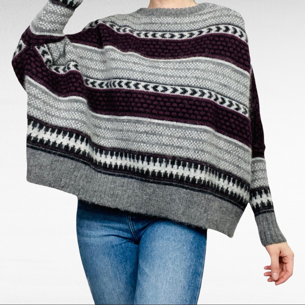 Willow & Clay | Grey Maroon Fuzzy Wool Fair Isle Ethnic Oversized Poncho Sweater